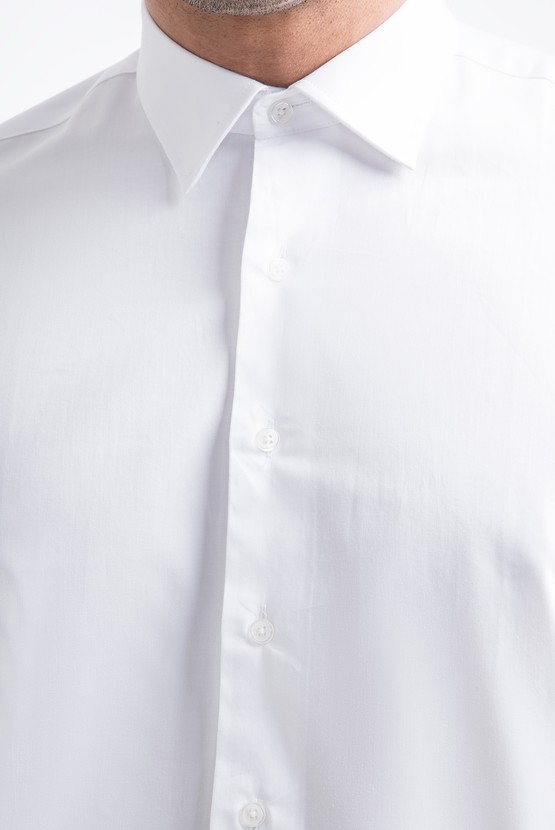 Erkek Giyim - Uzun Kol Manşetli Saten Slim Fit Gömlek