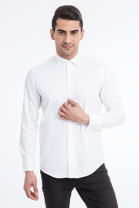 Erkek Giyim - Uzun Kol Manşetli Saten Slim Fit Gömlek