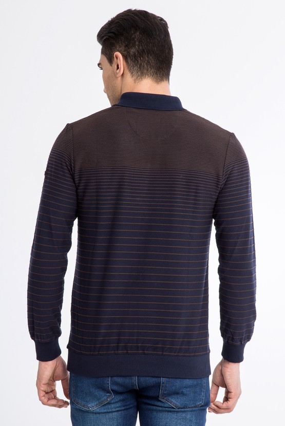 Erkek Giyim - Polo Yaka Çizgili Slim Fit Sweatshirt