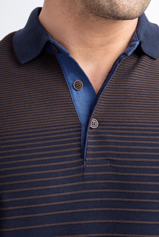 Erkek Giyim - Polo Yaka Çizgili Slim Fit Sweatshirt