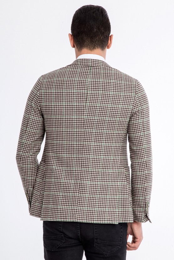 Erkek Giyim - Slim Fit Yünlü Kareli Ceket