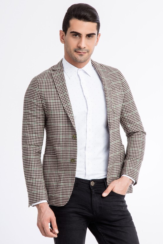 Erkek Giyim - Slim Fit Yünlü Kareli Ceket