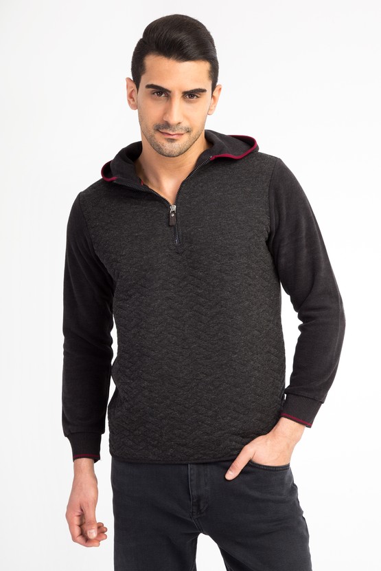 Erkek Giyim - Bato Yaka Kapüşonlu Regular Fit Sweatshirt