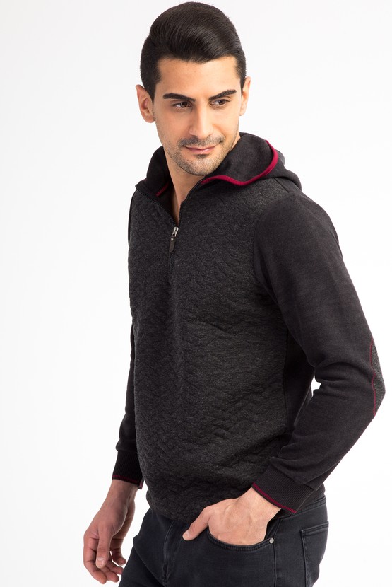 Erkek Giyim - Bato Yaka Kapüşonlu Regular Fit Sweatshirt