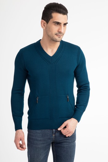 V Yaka Slim Fit Dar Kesim Yünlü Triko Kazak