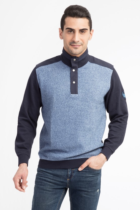 Erkek Giyim - Bato Yaka Regular Fit Düğmeli Sweatshirt