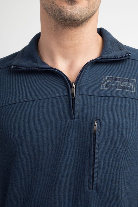 Erkek Giyim - Polo Yaka Slim Fit Fermuarlı Sweatshirt