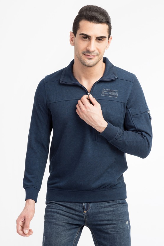 Erkek Giyim - Polo Yaka Slim Fit Fermuarlı Sweatshirt