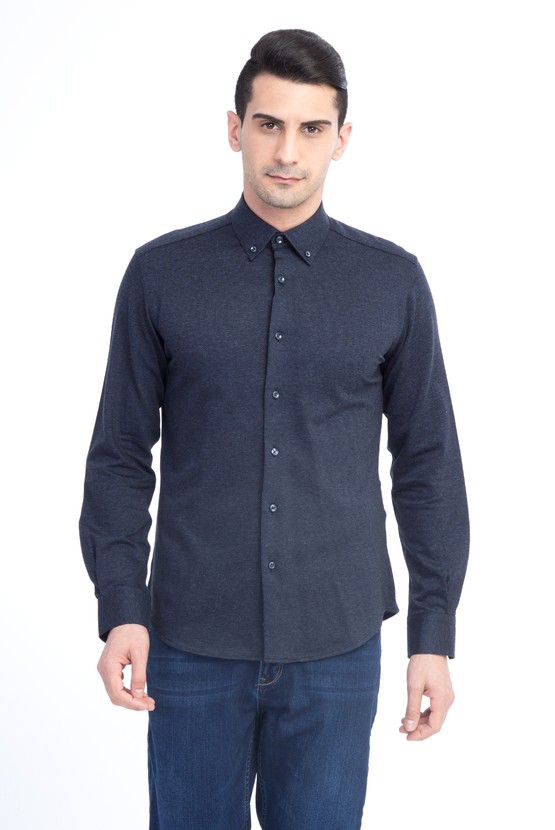 Erkek Giyim - Uzun Kol Örme Slim Fit Gömlek