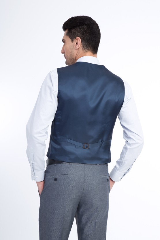 Erkek Giyim - Slim Fit Kuşgözü Yelekli Takım Elbise