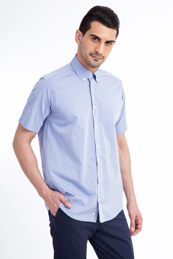 Erkek Giyim - Kısa Kol Çizgili Klasik Gömlek