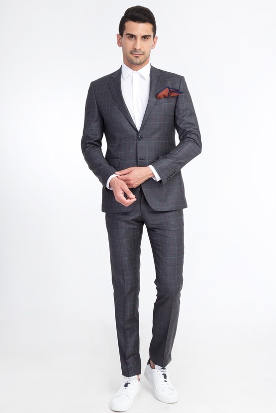Erkek Giyim - Slim Fit Yünlü Kareli Takım Elbise