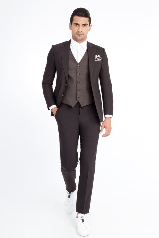 Erkek Giyim - Slim Fit Yünlü Yelekli Kareli Takım Elbise