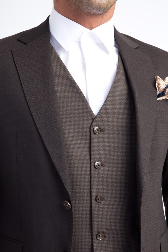 Erkek Giyim - Slim Fit Yünlü Yelekli Kareli Takım Elbise