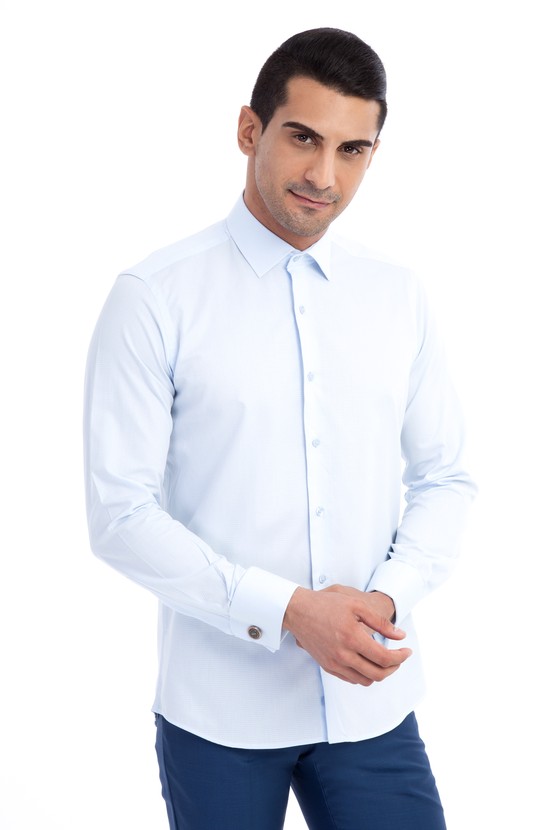 Erkek Giyim - Uzun Kol Slim Fit Desenli Manşetli Klasik Gömlek