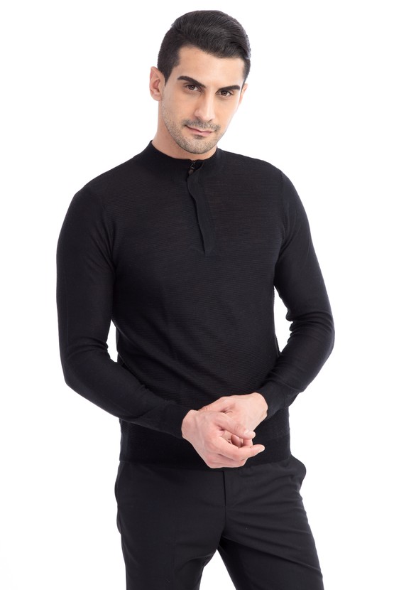 Erkek Giyim - Bato Yaka Yünlü Fermuarlı Slim Fit Triko Kazak