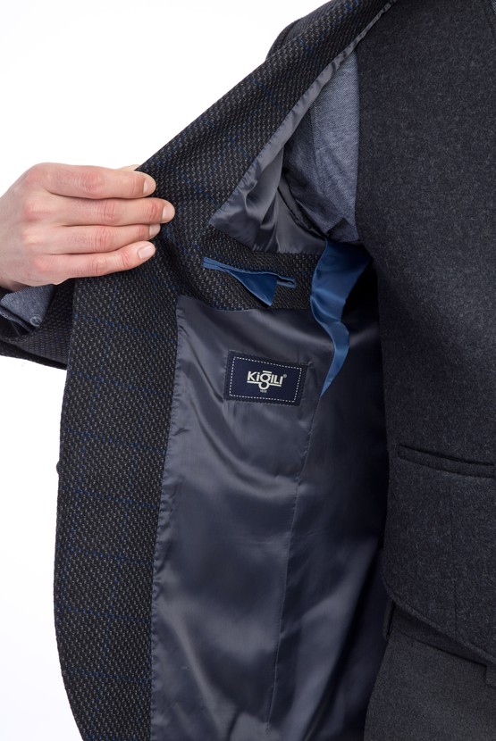Erkek Giyim - Regular Fit Yünlü Kareli Ceket
