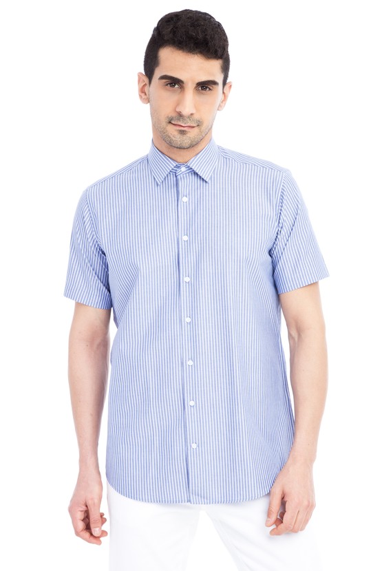 Erkek Giyim - Kısa Kol Çizgili Klasik Gömlek