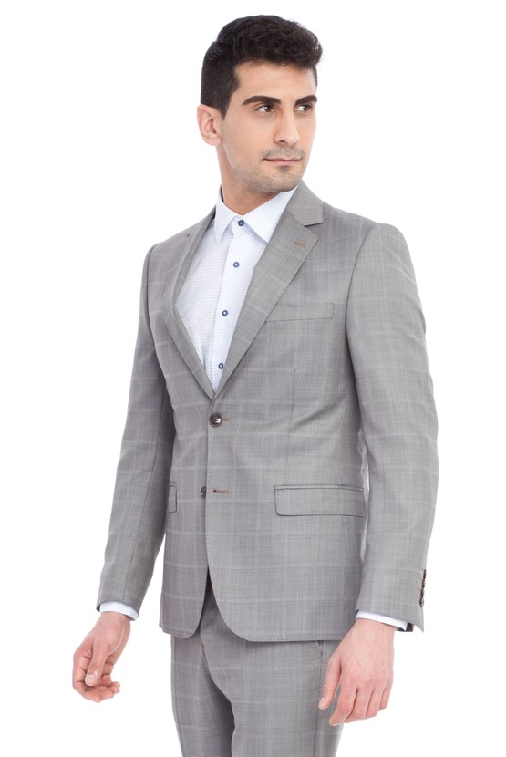 Erkek Giyim - Slim Fit Yünlü Desenli Takım Elbise