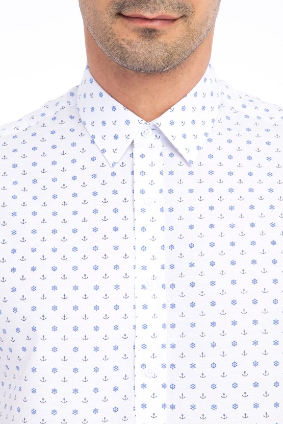Erkek Giyim - Kısa Kol Baskılı Slim Fit Gömlek