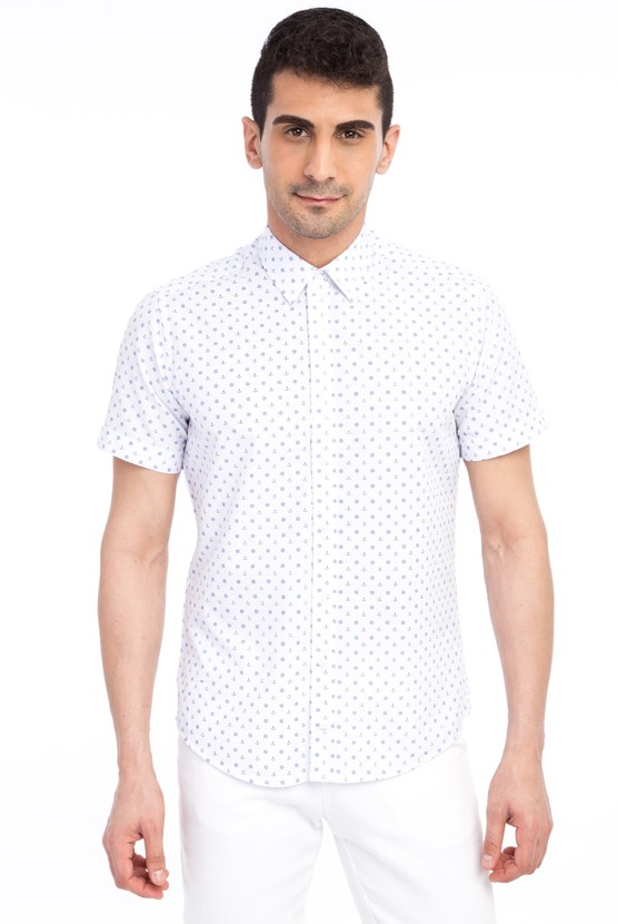Erkek Giyim - Kısa Kol Baskılı Slim Fit Gömlek