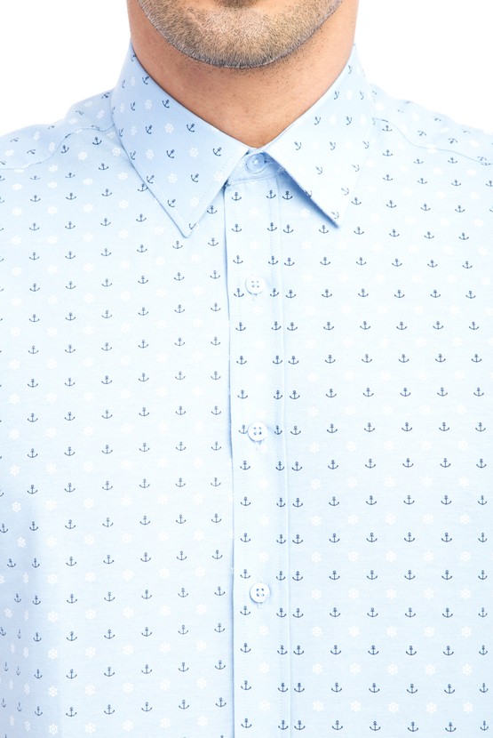 Erkek Giyim - Kısa Kol Slim Fit Baskılı Gömlek