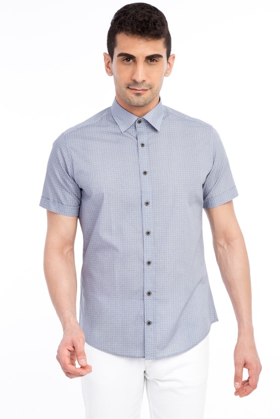 Erkek Giyim - Kısa Kol Slim Fit Baskılı Gömlek