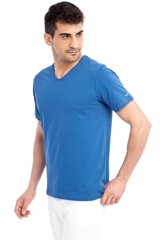Erkek Giyim - V Yaka Nakışlı Regular Fit Tişört