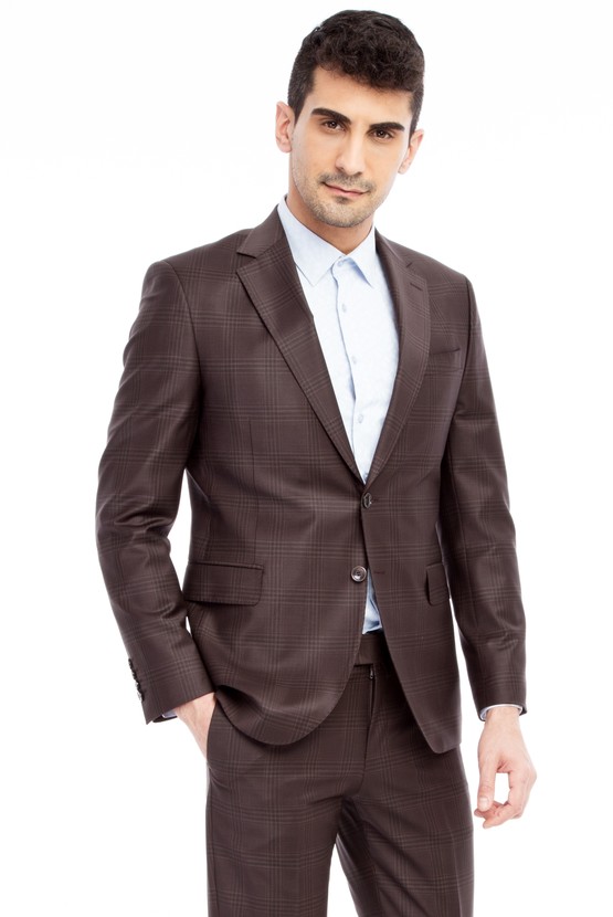 Erkek Giyim - Slim Fit Yünlü Desenli Takım Elbise