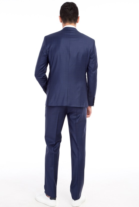 Erkek Giyim - Slim Fit Yünlü Kareli Takım Elbise