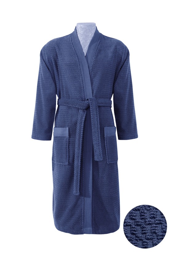 Erkek Giyim - Kimono Yaka Lacivert Jakarlı Pamuk Bornoz