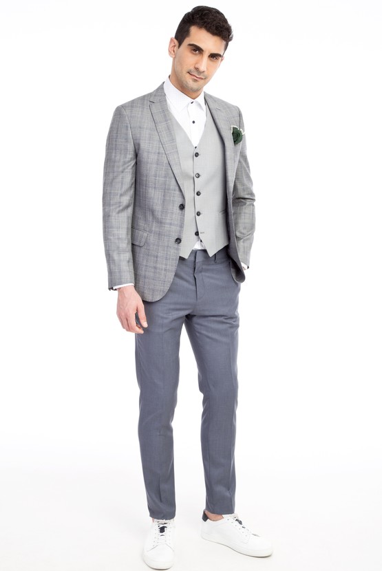 Erkek Giyim - Süper Slim Fit Yelekli Kombinli Ekose Takım Elbise