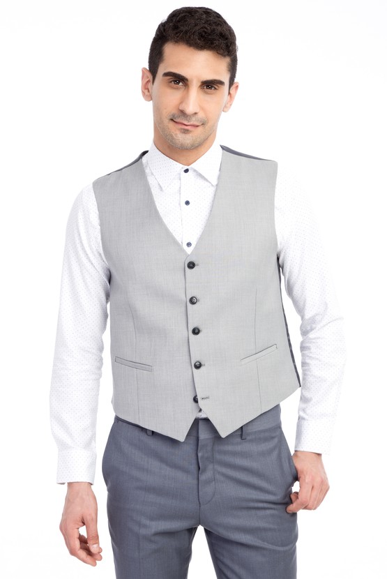 Erkek Giyim - Süper Slim Fit Yelekli Kombinli Ekose Takım Elbise