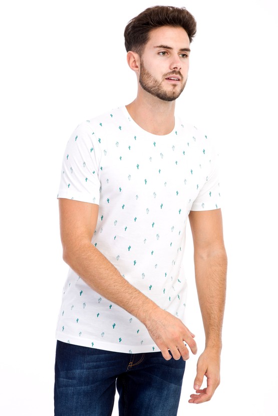 Erkek Giyim - Bisiklet Yaka Slim Fit Desenli Tişört