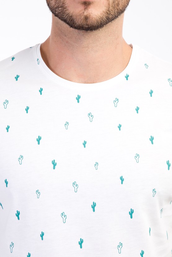 Erkek Giyim - Bisiklet Yaka Slim Fit Desenli Tişört