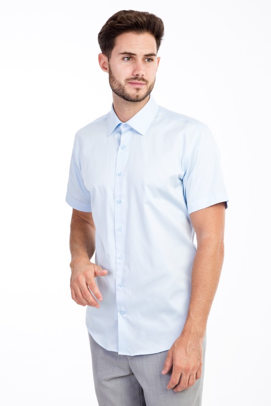Erkek Giyim - Kısa Kol Slim Fit Saten Gömlek