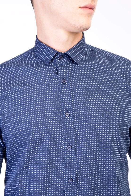 Erkek Giyim - Uzun Kol Küçük Yaka Slim Fit Desenli Gömlek