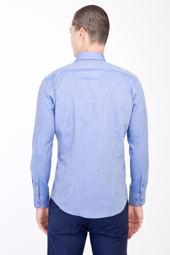 Erkek Giyim - Uzun Kol Düğmeli Yaka Slim Fit Desenli Gömlek