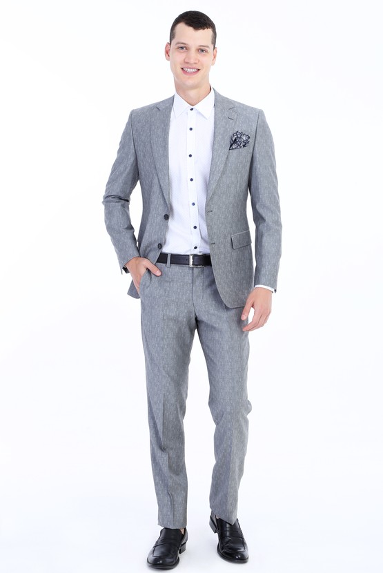 Erkek Giyim - Regular Fit Yünlü Çizgili Takım Elbise