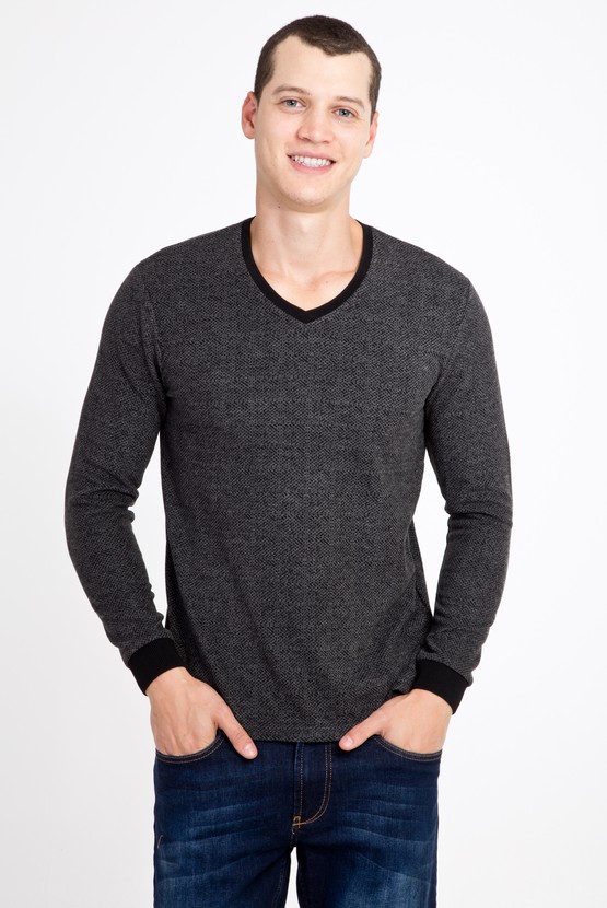 Erkek Giyim - V Yaka Slim Fit Desenli Sweatshirt