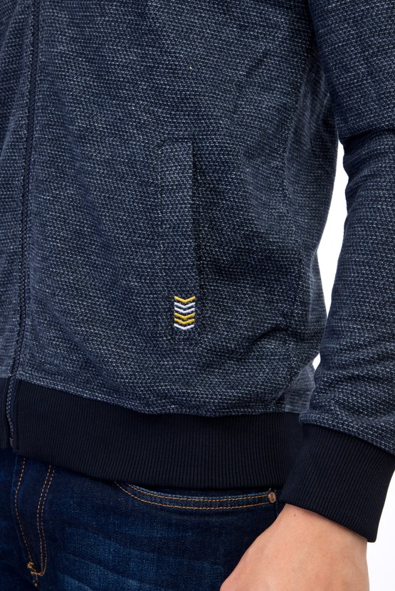 Erkek Giyim - Fermuarlı Desenli Slim Fit Sweatshirt