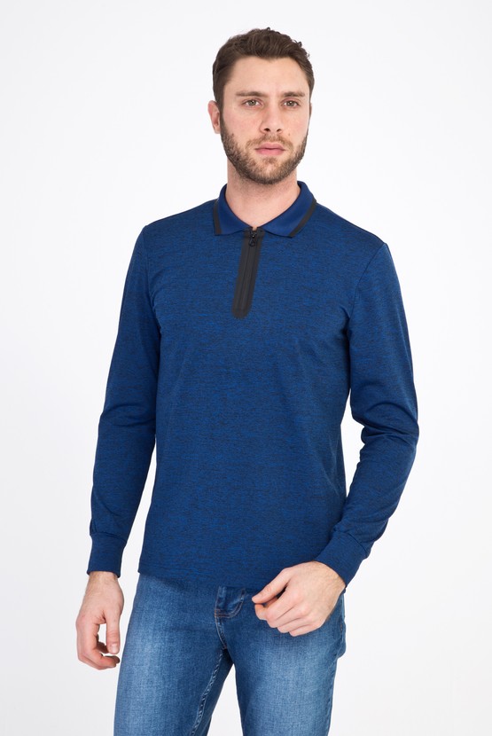 Erkek Giyim - Polo Yaka Fermuarlı Slim Fit Sweatshirt