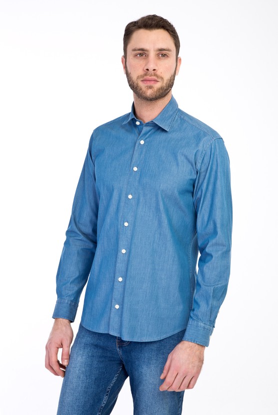 Erkek Giyim - Uzun Kol Slim Fit Denim Gömlek