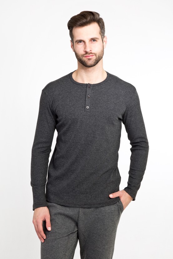 Erkek Giyim - Bisiklet Yaka Düğmeli Slim Fit Sweatshirt