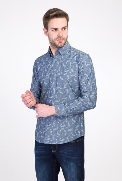 Erkek Giyim - AÇIK LACİVERT XL Beden Uzun Kol Desenli Slim Fit Dar Kesim Pamuk Gömlek