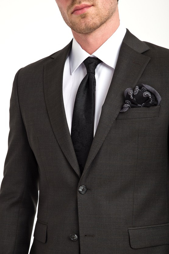 Erkek Giyim - Slim Fit Yünlü Kuşgözü Takım Elbise