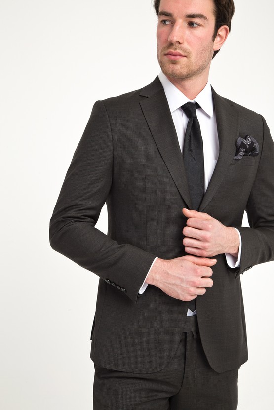 Erkek Giyim - Slim Fit Yünlü Kuşgözü Takım Elbise