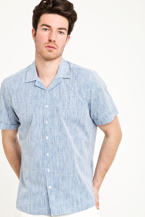Erkek Giyim - Kısa Kol Regular Fit Çizgili Gömlek