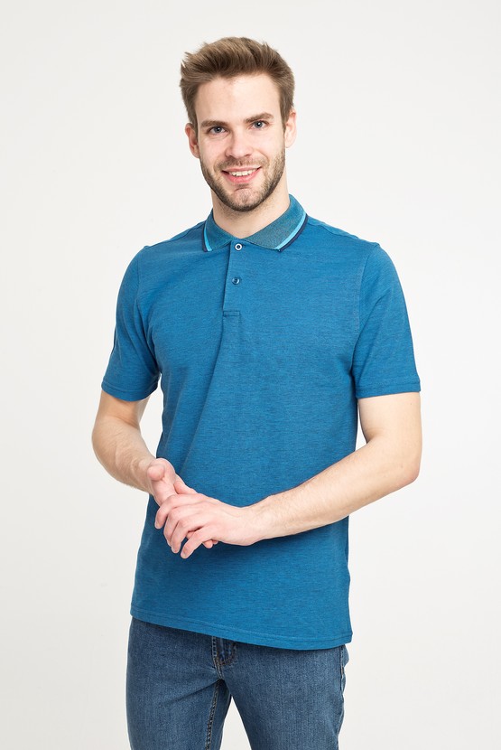 Erkek Giyim - Polo Yaka Desenli Slim Fit Tişört