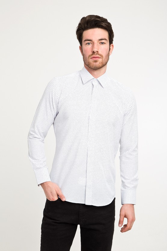 Erkek Giyim - Uzun Kol Slim Fit Dar Kesim Desenli Pamuk Gömlek